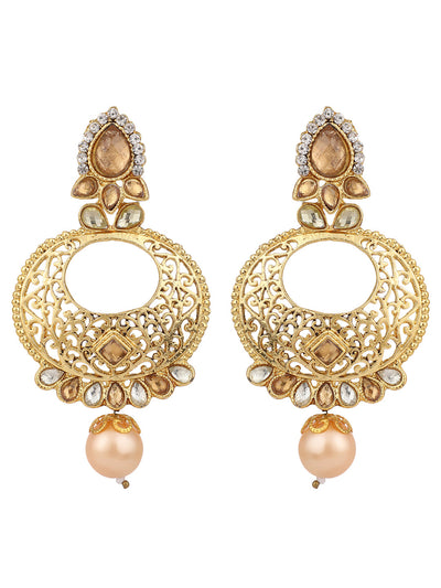 Women's Gold Tone Contemporary LCT Stone and Pearl Brass Chandbali Earring