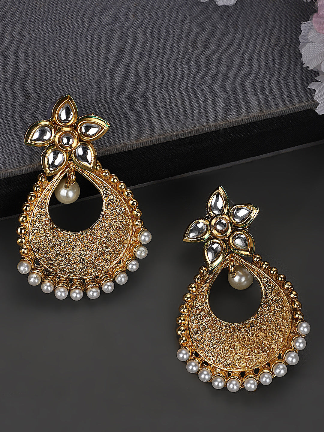 Women's Gold Plated and Selfdesign Traditional Stone and pearl Chandbali Earring