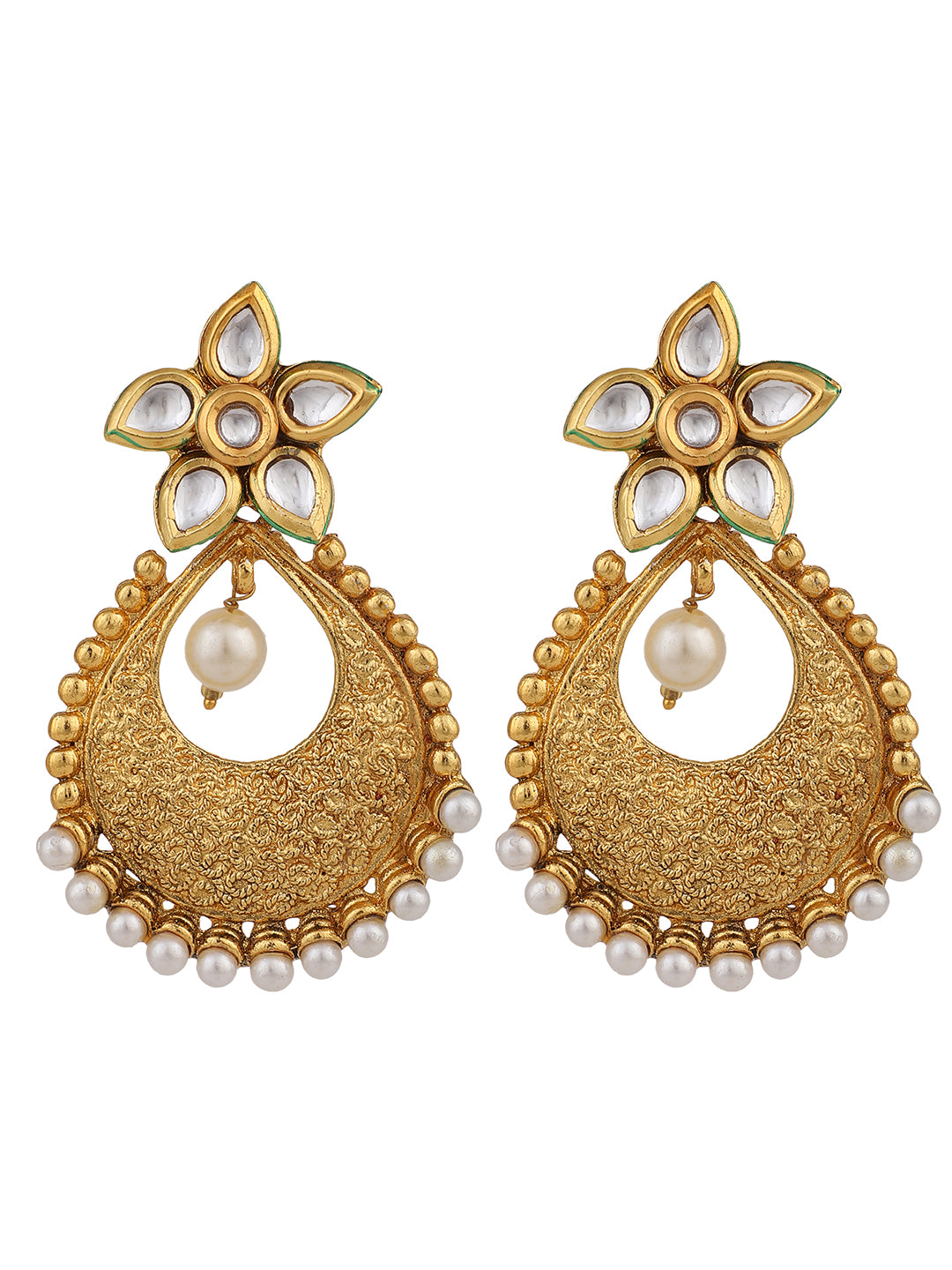 Women's Gold Plated and Selfdesign Traditional Stone and pearl Chandbali Earring