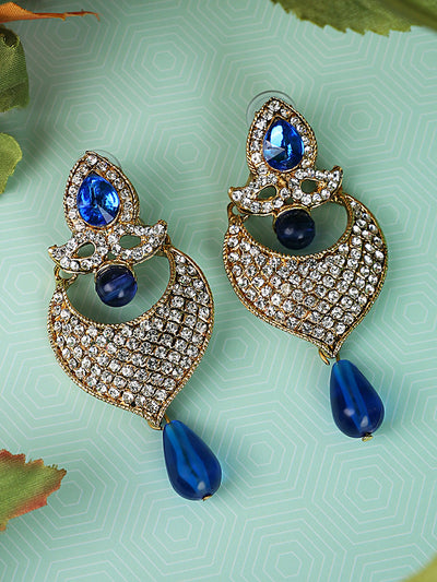 Women's Gold-Toned Blue Stone & Pearl Studded Contemporary Chandbalis