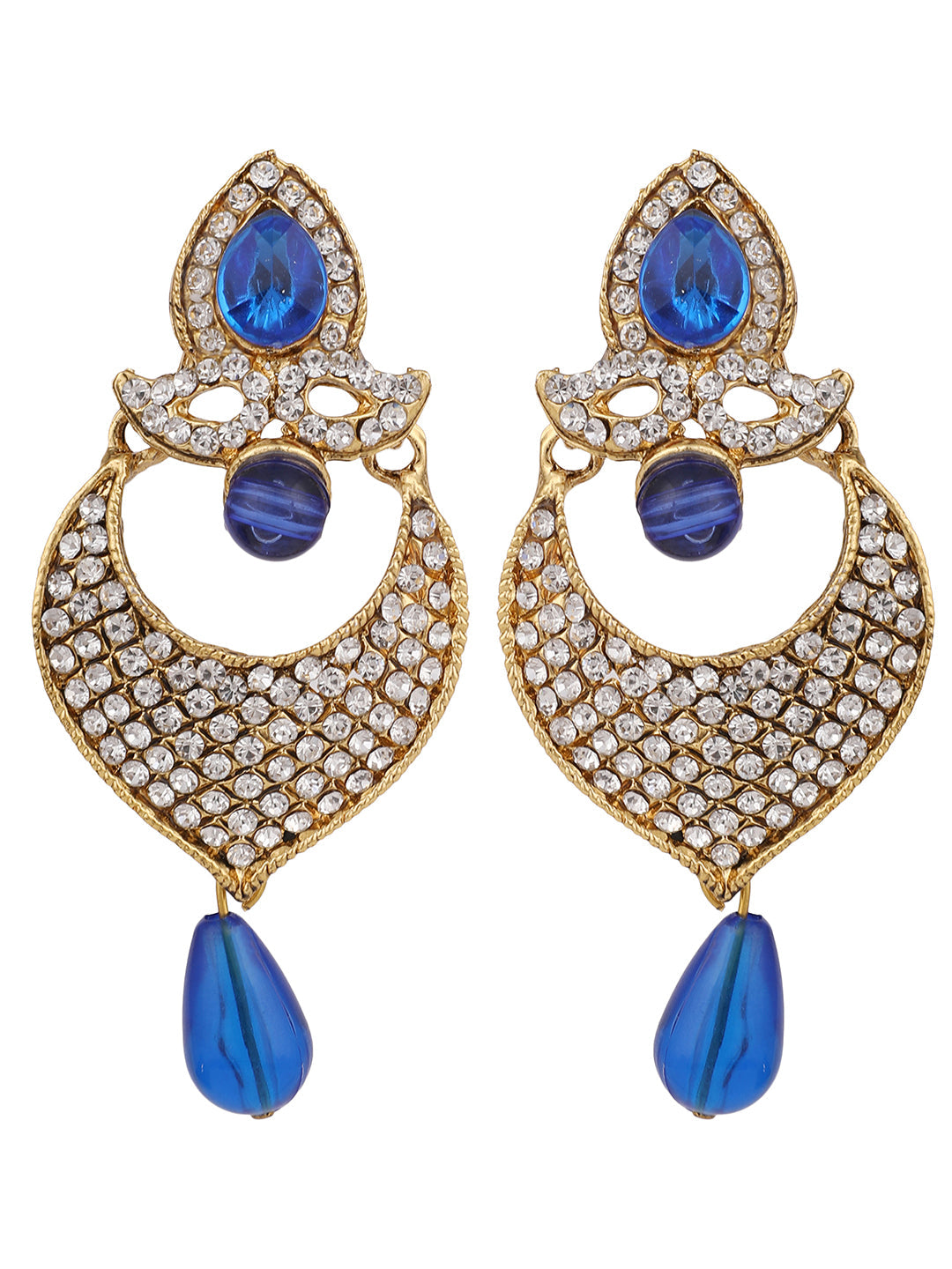 Women's Gold-Toned Blue Stone & Pearl Studded Contemporary Chandbalis