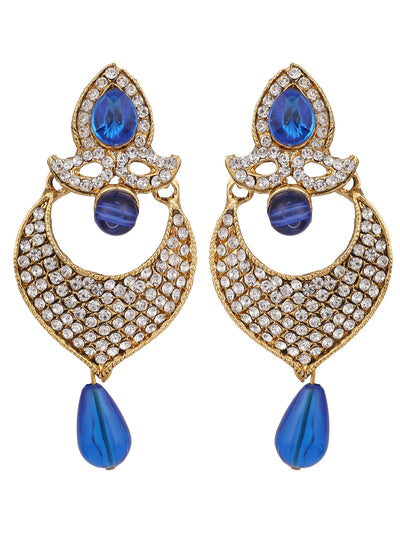 Women's Gold-Toned Blue Stone & Pearl Studded Contemporary Chandbalis