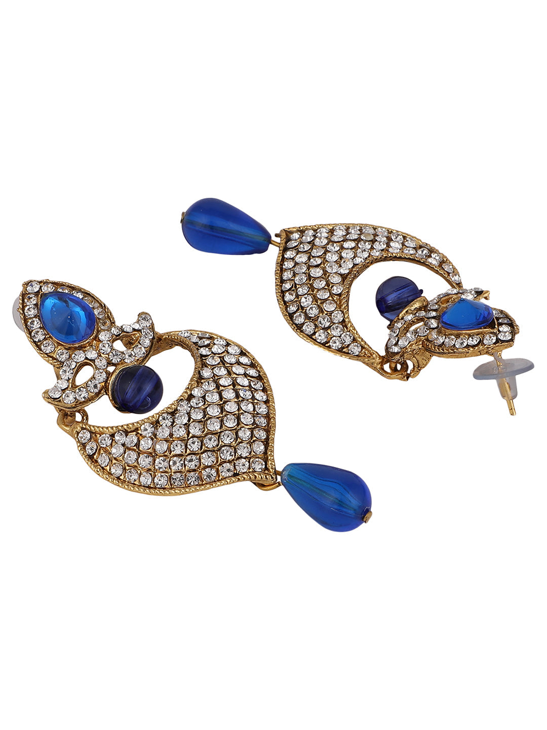 Women's Gold-Toned Blue Stone & Pearl Studded Contemporary Chandbalis