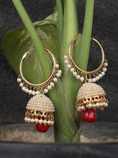 Women's Off-White Pearl Maroon Gold Plated Hoop with Jhumka Earring