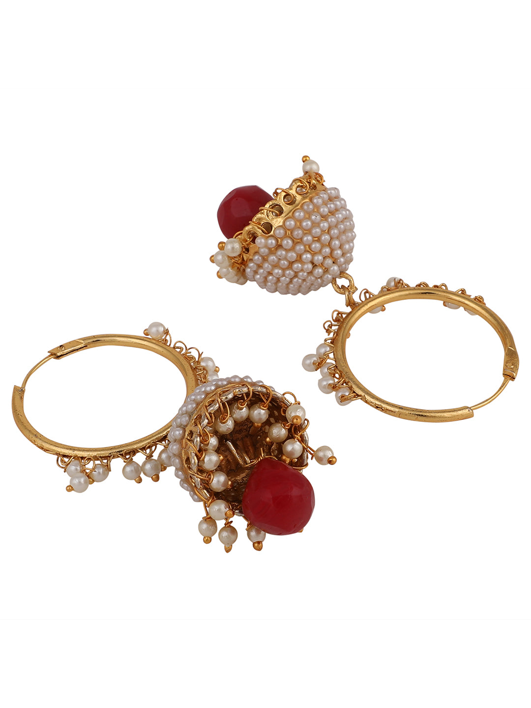Women's Off-White Pearl Maroon Gold Plated Hoop with Jhumka Earring
