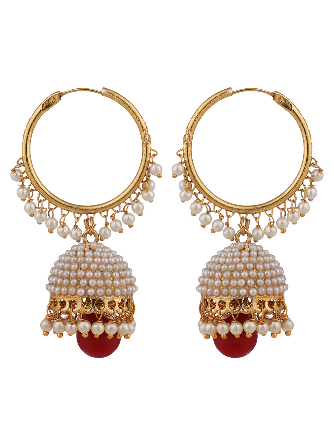 Women's Off-White Pearl Maroon Gold Plated Hoop with Jhumka Earring