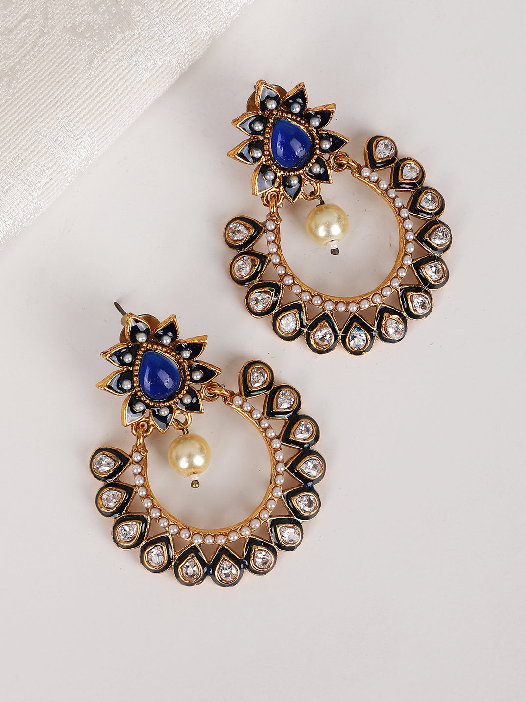 Women's Gold Plated Meenakari Blue Stone and Pearl Chandbali Earring