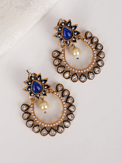 Women's Gold Plated Meenakari Blue Stone and Pearl Chandbali Earring