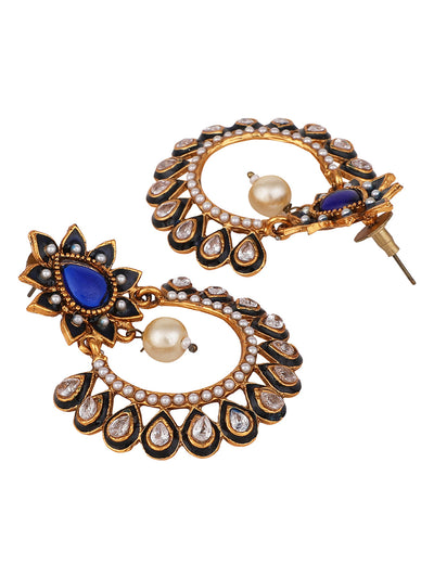 Women's Gold Plated Meenakari Blue Stone and Pearl Chandbali Earring