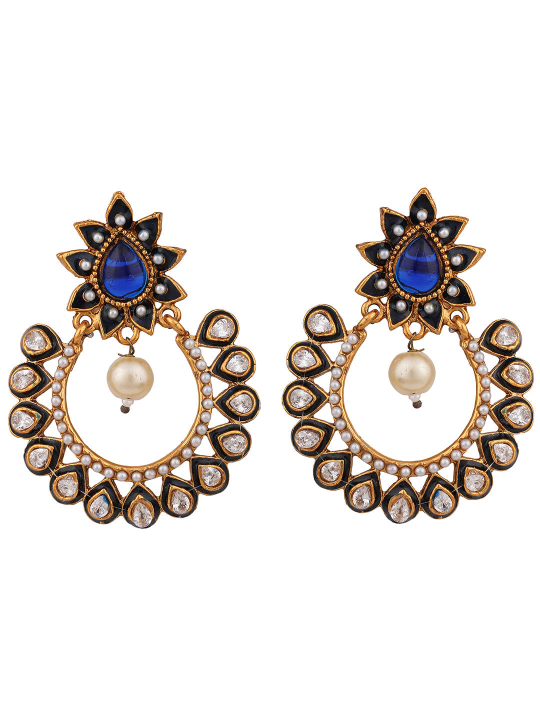 Women's Gold Plated Meenakari Blue Stone and Pearl Chandbali Earring