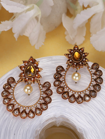 Women's Gold Plated Meenakari Brown Stone and Pearl Chandbali Earring