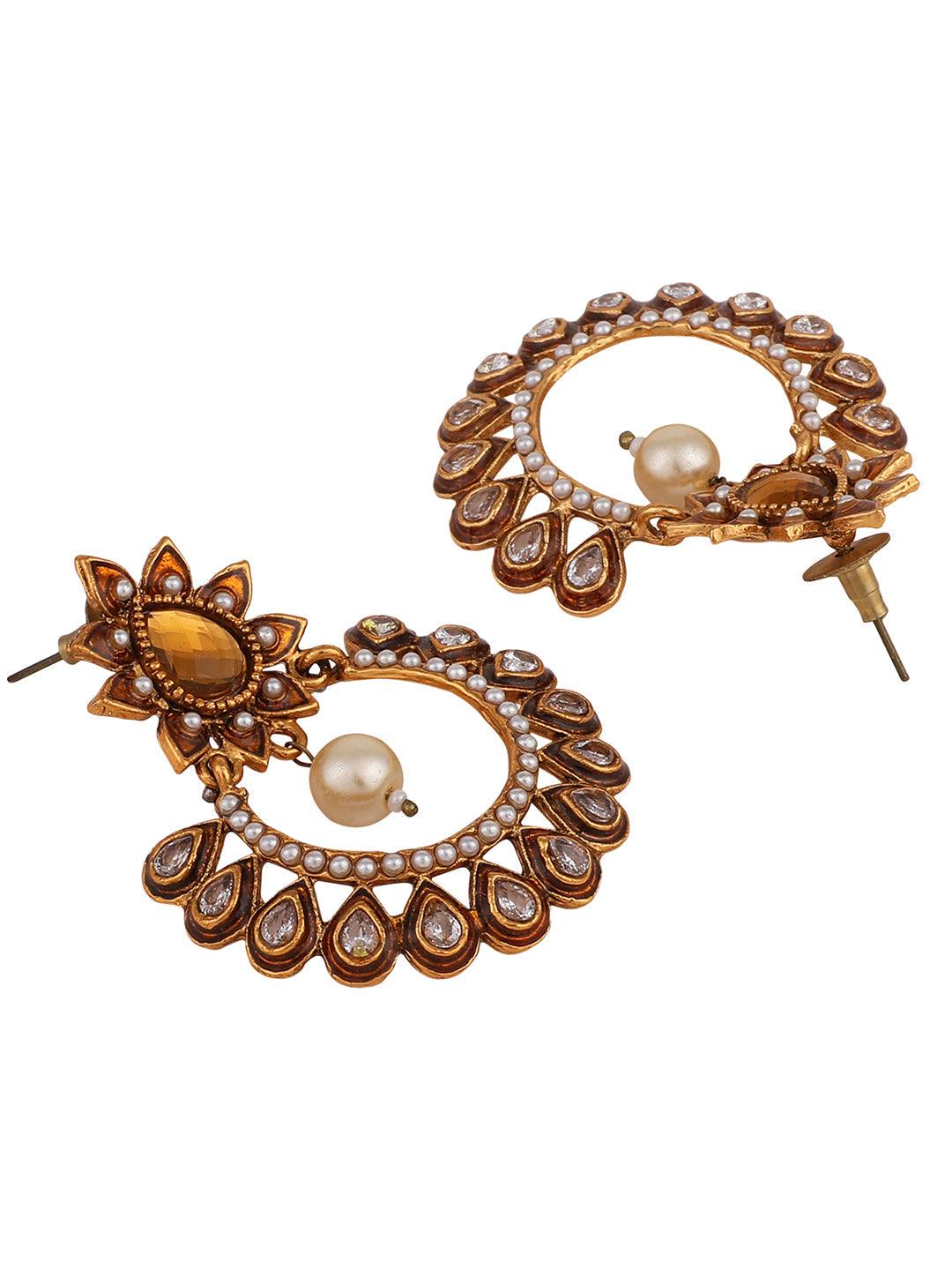 Women's Gold Plated Meenakari Brown Stone and Pearl Chandbali Earring