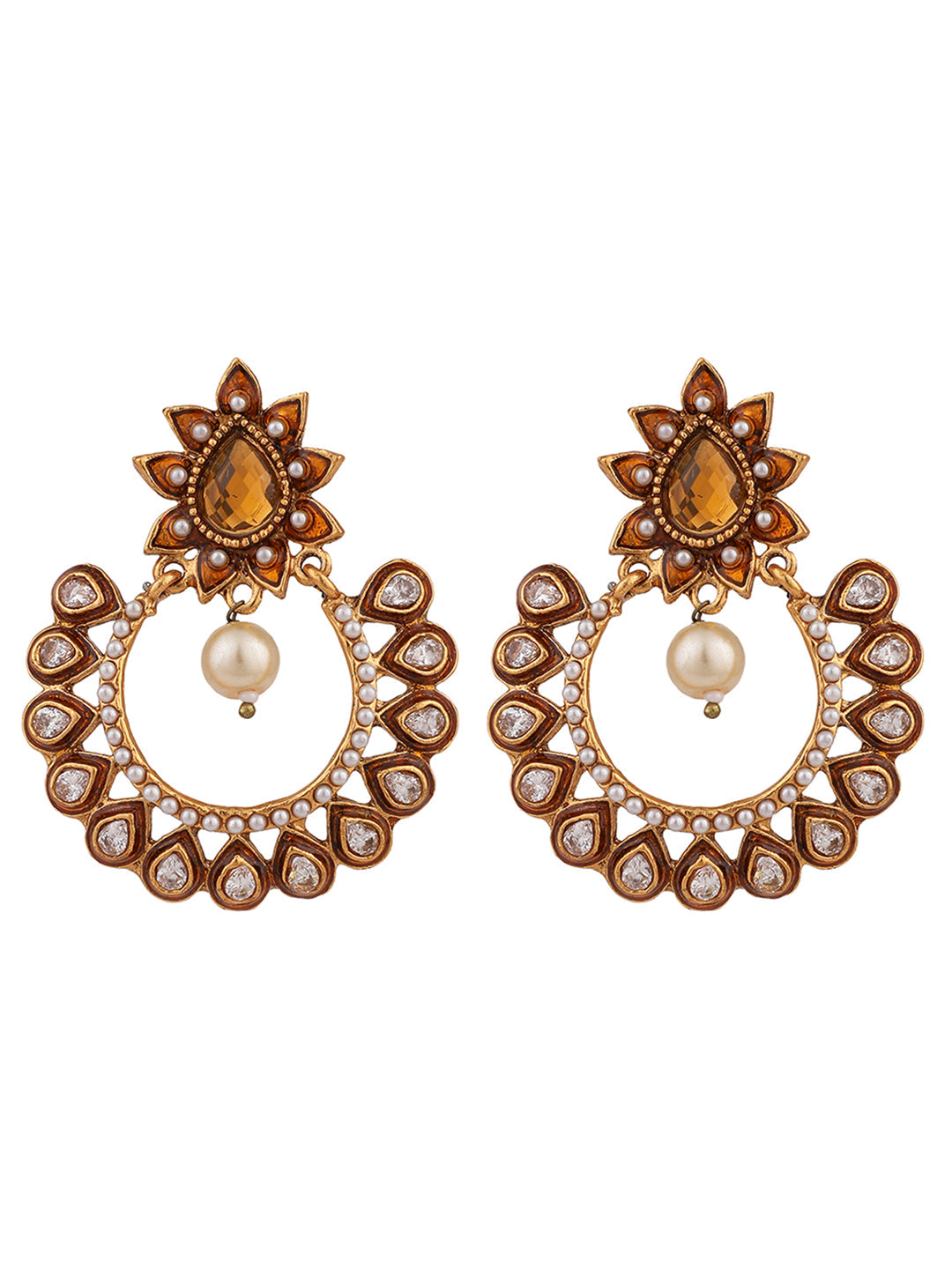 Women's Gold Plated Meenakari Brown Stone and Pearl Chandbali Earring