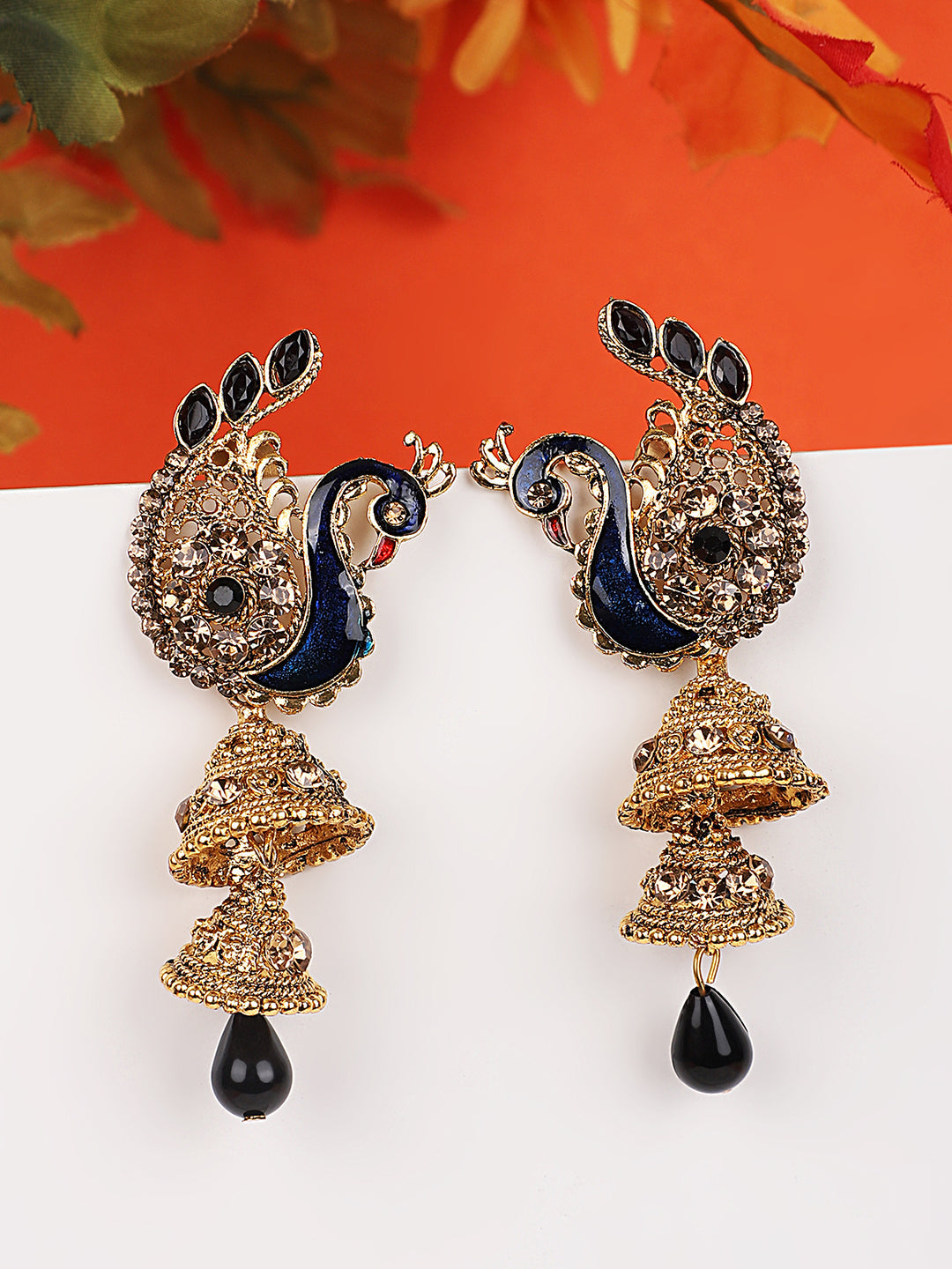 Women's Traditional Peacock Shape Blue Stone Studded 2 Floor Jhumka Earring