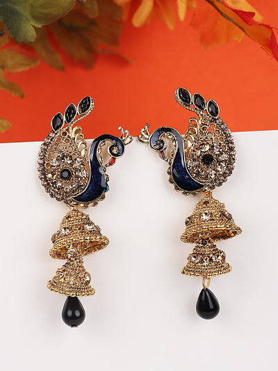 Women's Traditional Peacock Shape Blue Stone Studded 2 Floor Jhumka Earring