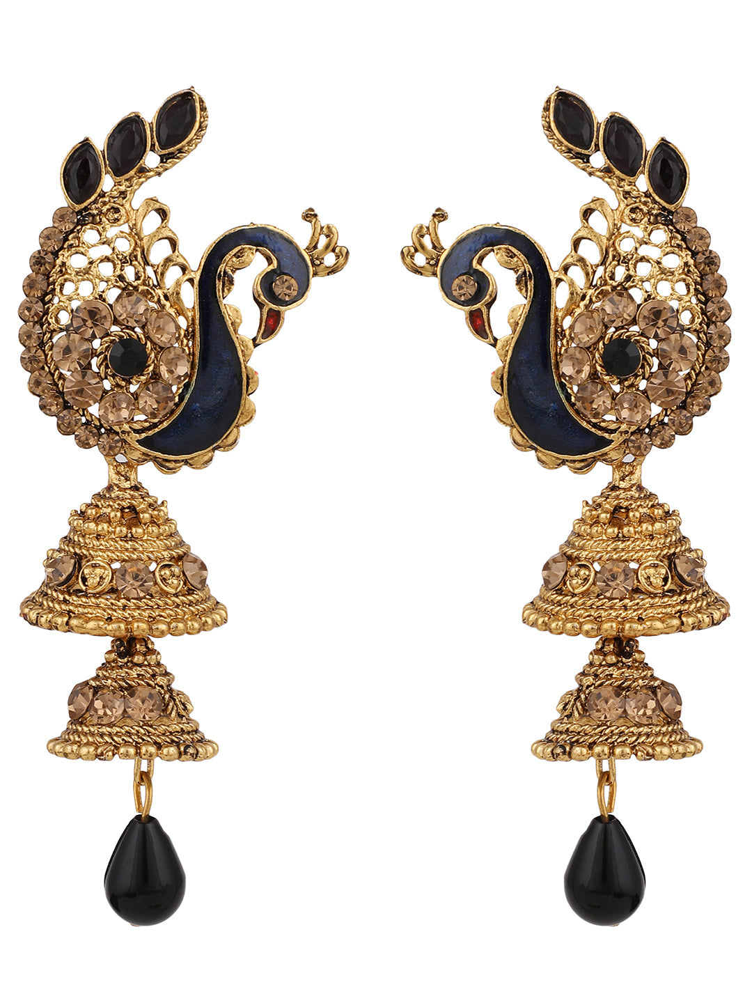 Women's Traditional Peacock Shape Blue Stone Studded 2 Floor Jhumka Earring