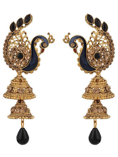 Women's Traditional Peacock Shape Blue Stone Studded 2 Floor Jhumka Earring