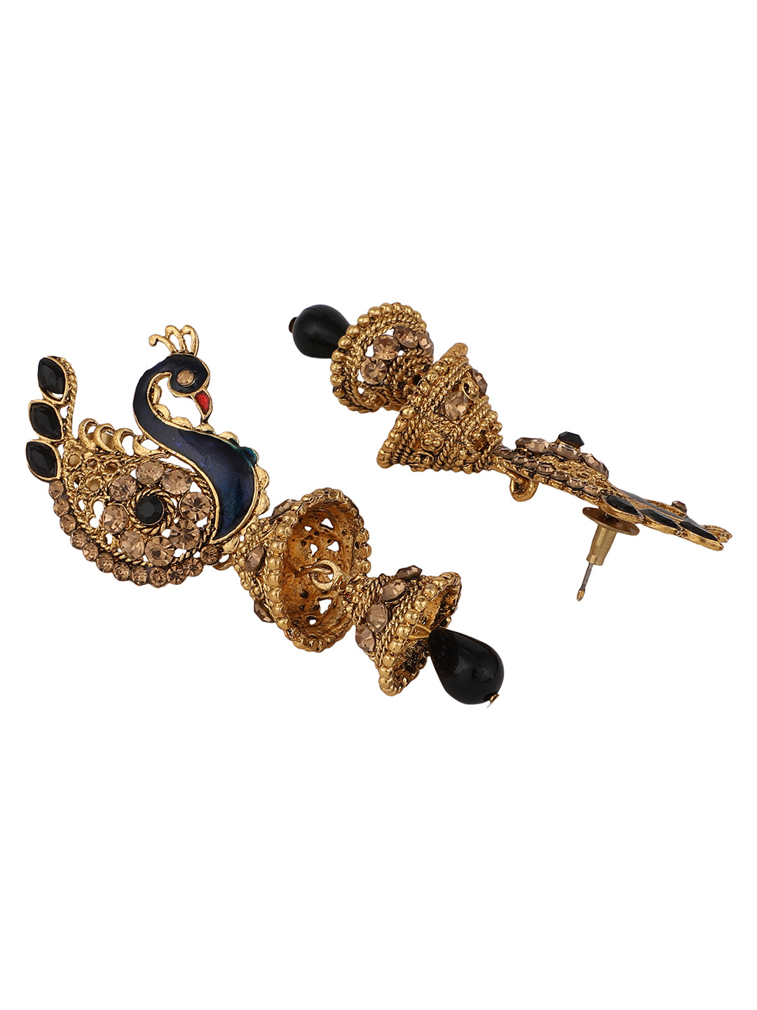 Women's Traditional Peacock Shape Blue Stone Studded 2 Floor Jhumka Earring
