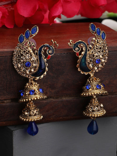 Women's Traditional Peacock Shape Blue Stone Studded 2 Floor Jhumka Earring
