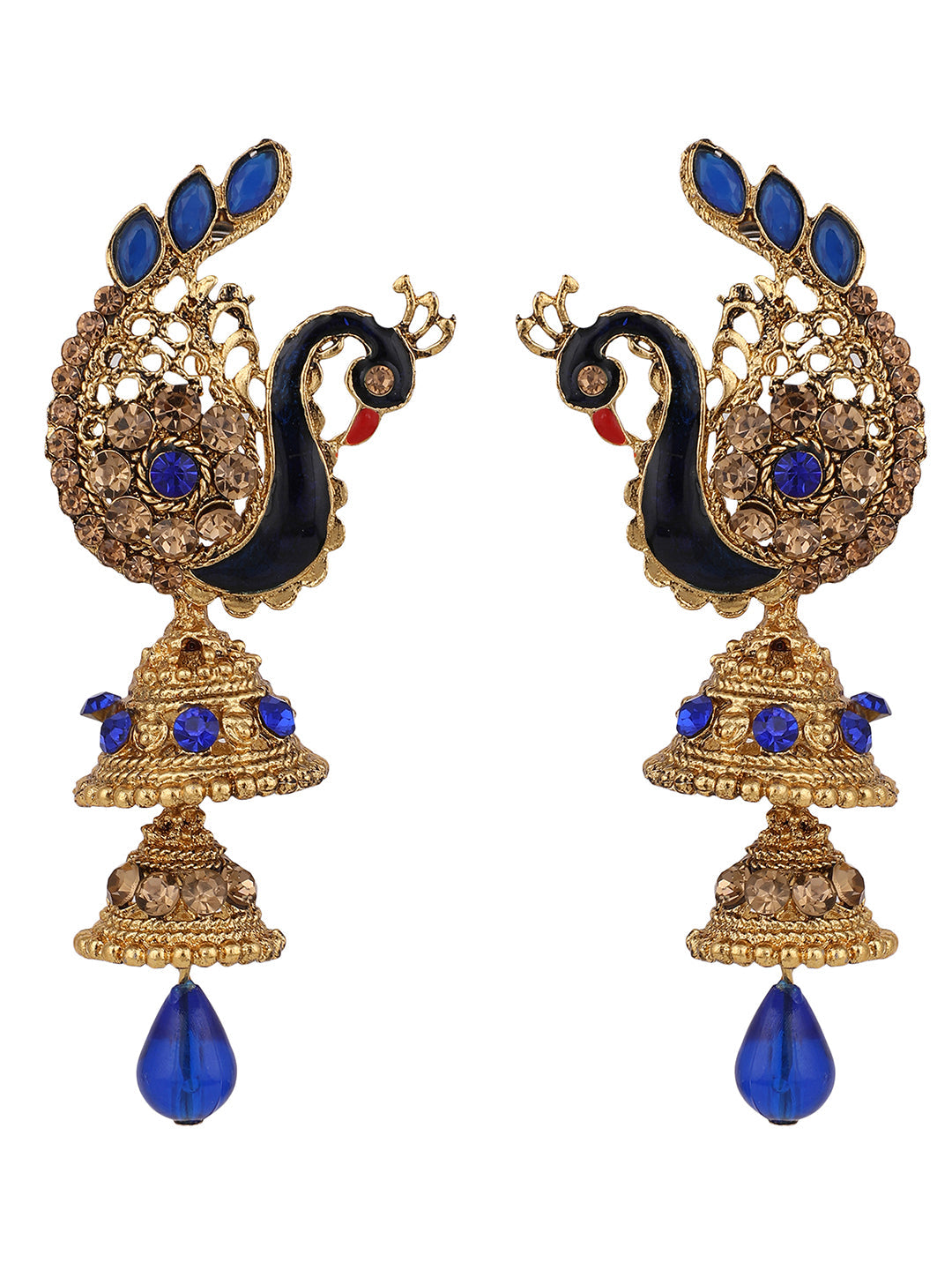 Women's Traditional Peacock Shape Blue Stone Studded 2 Floor Jhumka Earring