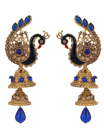 Women's Traditional Peacock Shape Blue Stone Studded 2 Floor Jhumka Earring