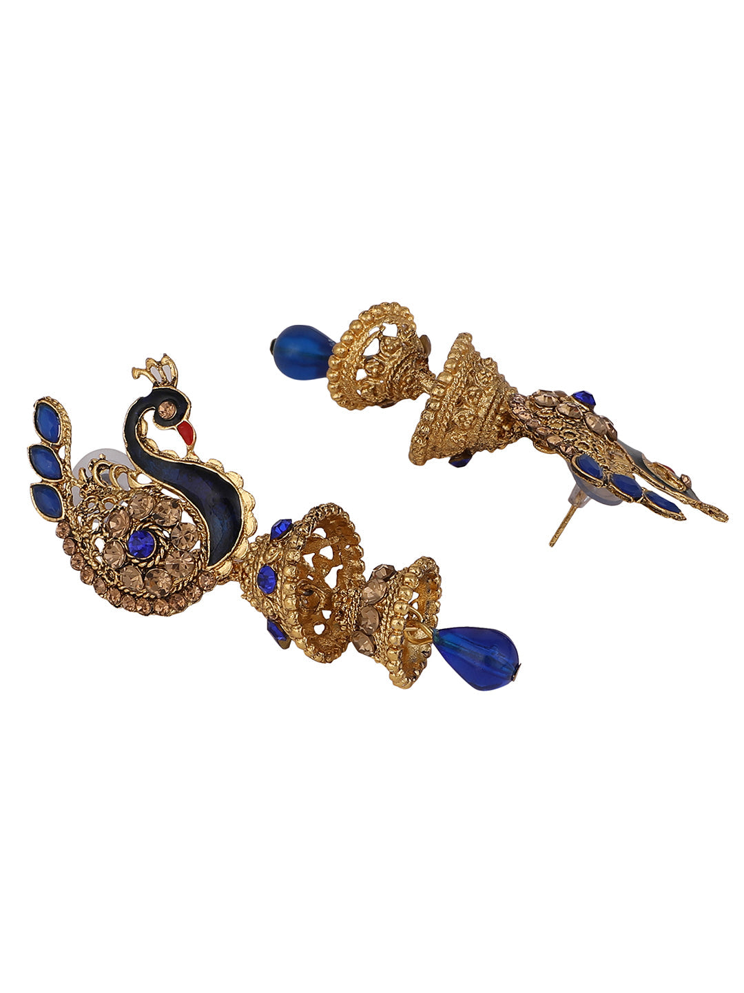 Women's Traditional Peacock Shape Blue Stone Studded 2 Floor Jhumka Earring