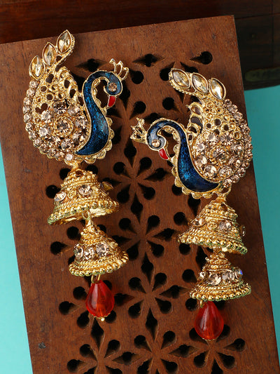Women's Traditional Peacock Shape LCT Stone Studded 2 Floor Jhumka Earring