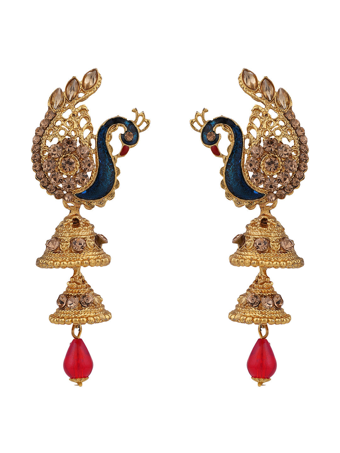 Women's Traditional Peacock Shape LCT Stone Studded 2 Floor Jhumka Earring