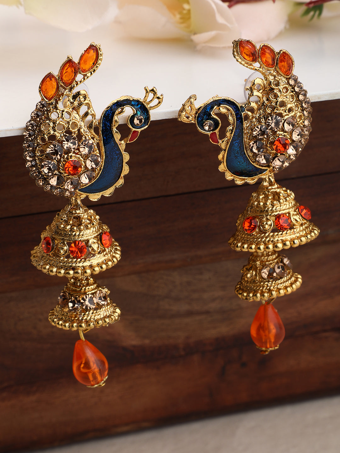 Women's Traditional Peacock Shape Orange Stone Studded 2 Floor Jhumka Earring