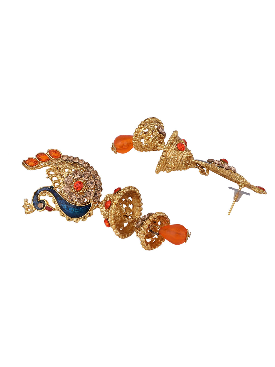 Women's Traditional Peacock Shape Orange Stone Studded 2 Floor Jhumka Earring