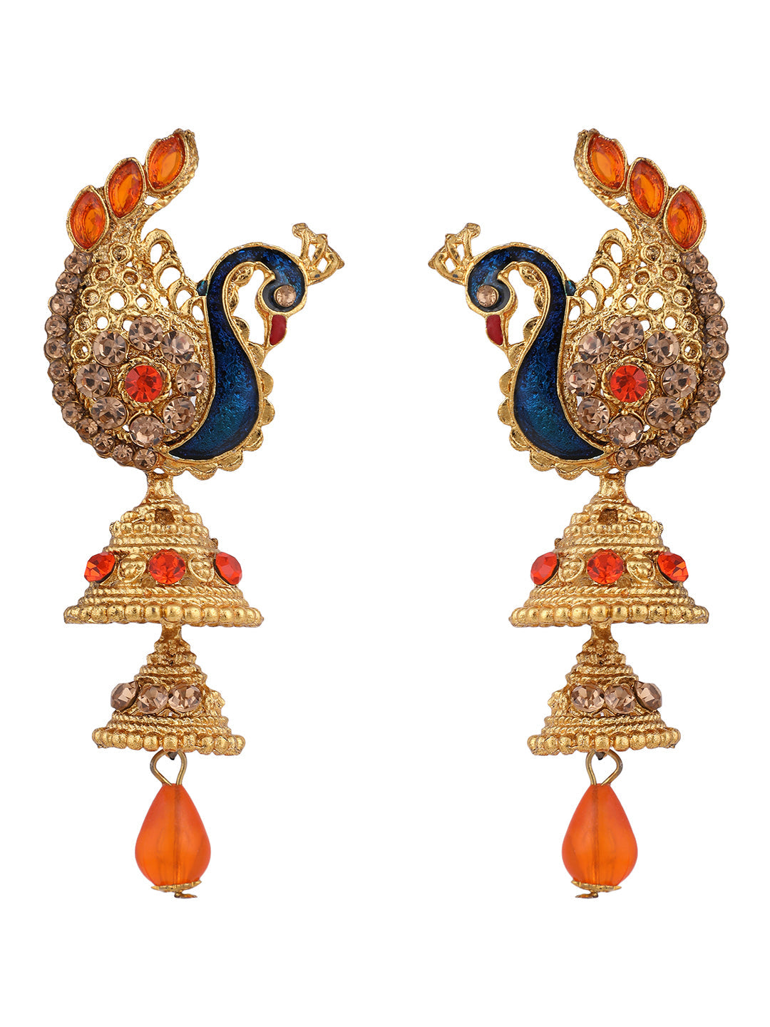 Women's Traditional Peacock Shape Orange Stone Studded 2 Floor Jhumka Earring