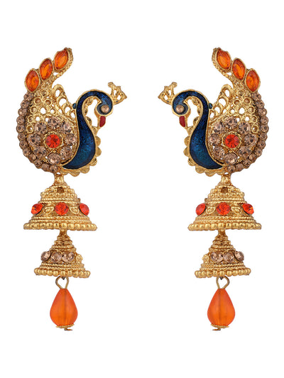 Women's Traditional Peacock Shape Orange Stone Studded 2 Floor Jhumka Earring