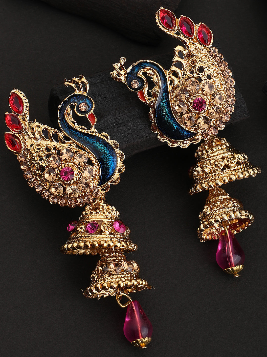 Women's Traditional Peacock Shape Pink Stone Studded 2 Floor Jhumka Earring
