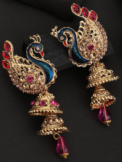 Women's Traditional Peacock Shape Pink Stone Studded 2 Floor Jhumka Earring