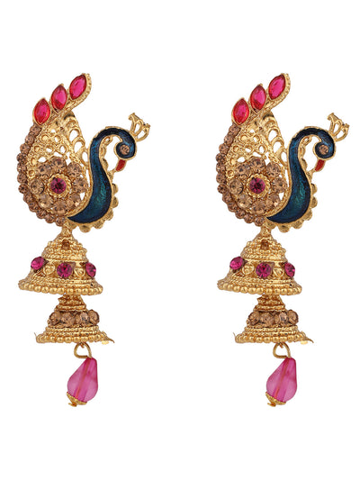 Women's Traditional Peacock Shape Pink Stone Studded 2 Floor Jhumka Earring