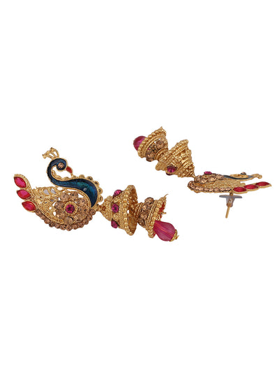 Women's Traditional Peacock Shape Pink Stone Studded 2 Floor Jhumka Earring