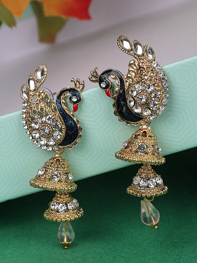 Women's Traditional Peacock Shape White Stone Studded 2 Floor Jhumka Earring