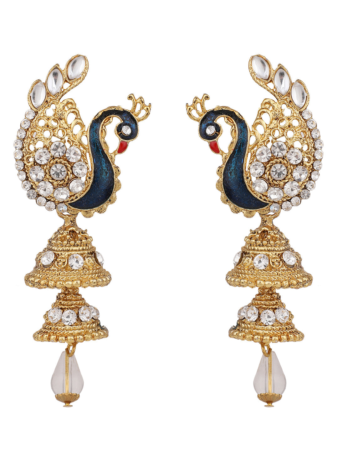 Women's Traditional Peacock Shape White Stone Studded 2 Floor Jhumka Earring