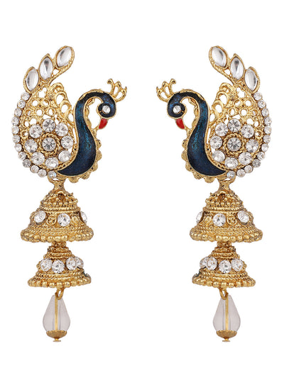 Women's Traditional Peacock Shape White Stone Studded 2 Floor Jhumka Earring