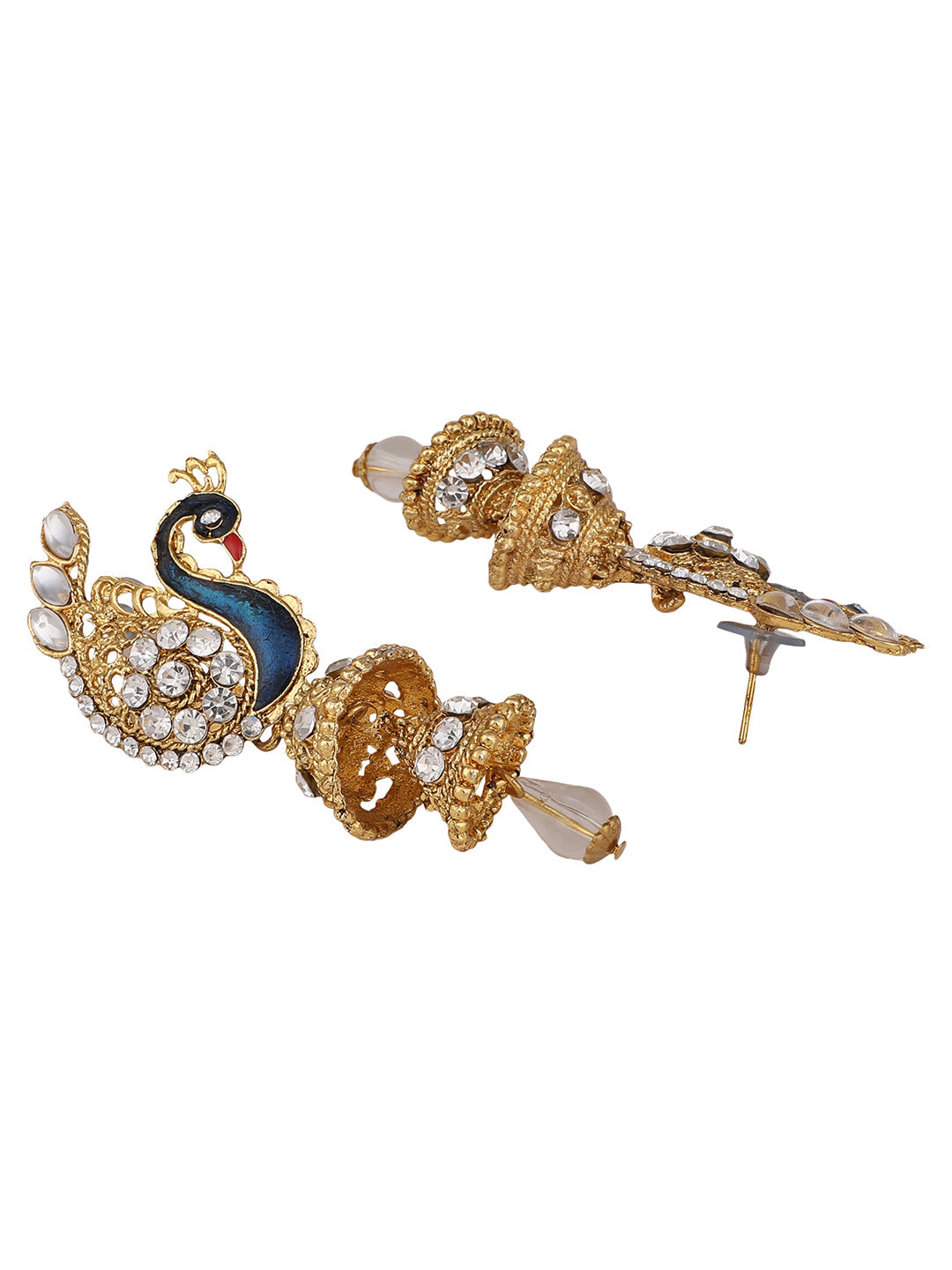Women's Traditional Peacock Shape White Stone Studded 2 Floor Jhumka Earring