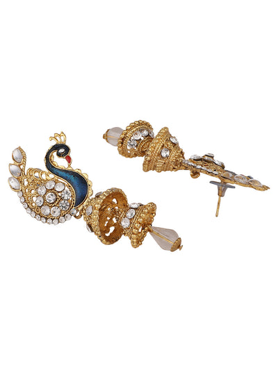 Women's Traditional Peacock Shape White Stone Studded 2 Floor Jhumka Earring