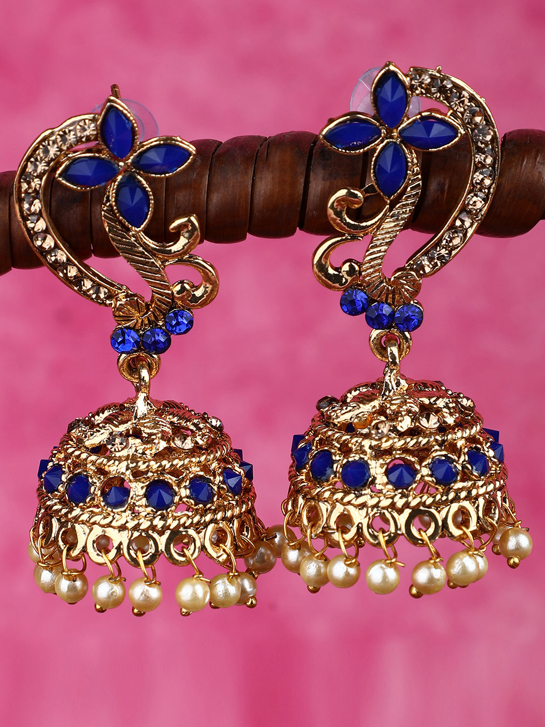 Women's Gold Tone Floral Shaped Stylish Blue Stone Studded Jhumka Earring