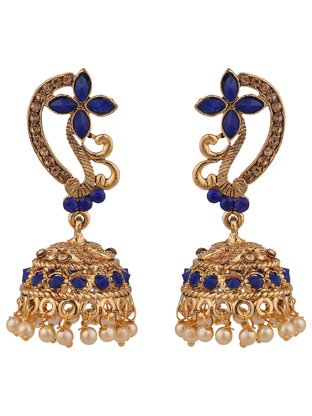 Women's Gold Tone Floral Shaped Stylish Blue Stone Studded Jhumka Earring