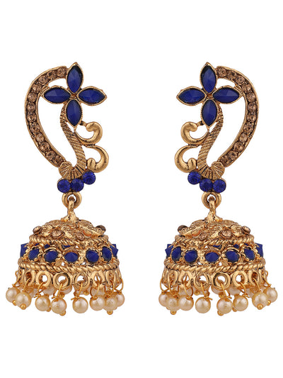 Women's Gold Tone Floral Shaped Stylish Blue Stone Studded Jhumka Earring