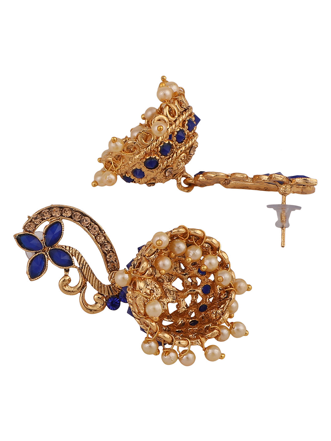 Women's Gold Tone Floral Shaped Stylish Blue Stone Studded Jhumka Earring