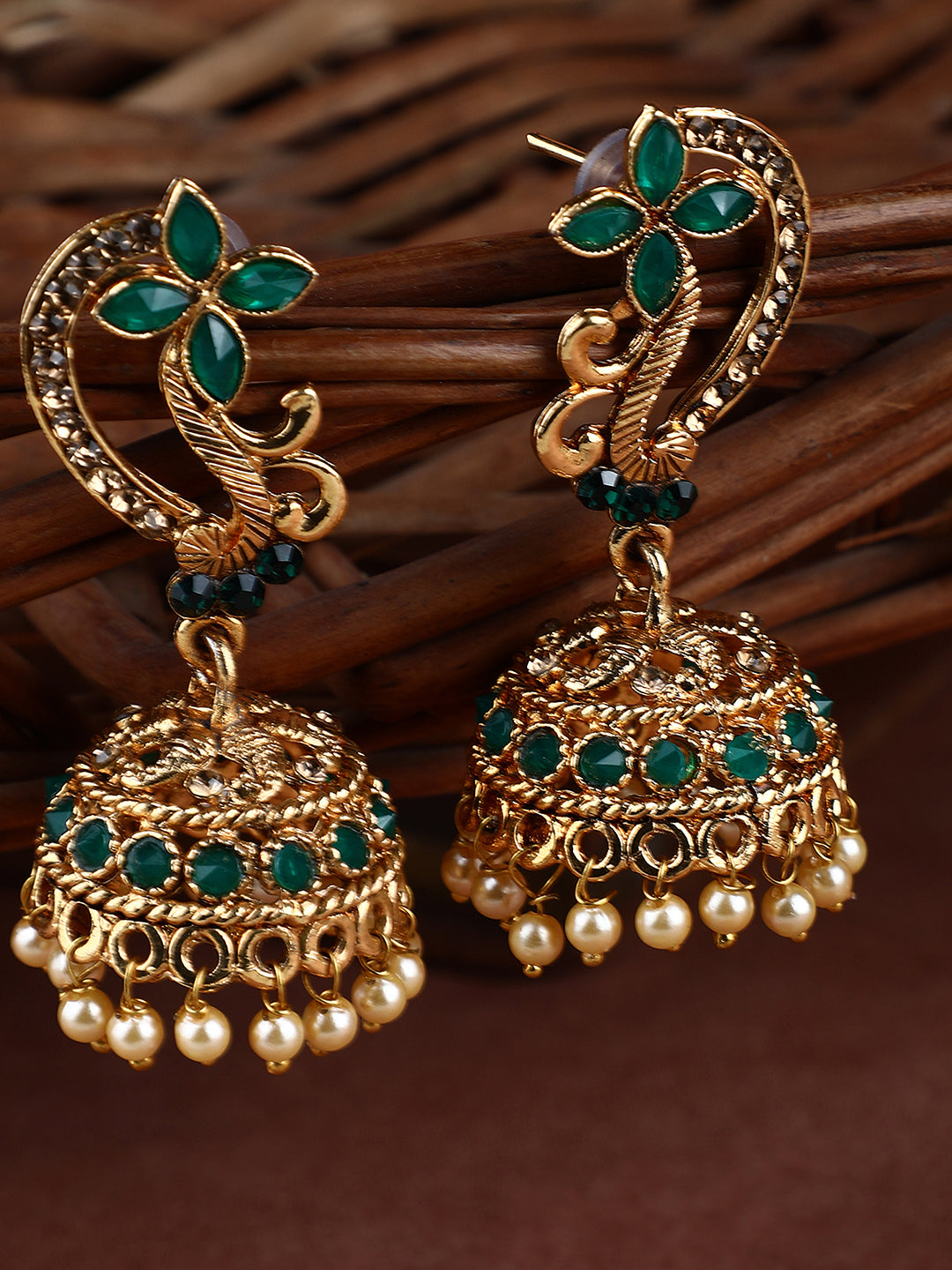 Women's Gold Tone Floral Shaped Stylish Green Stone Studded Jhumka Earring