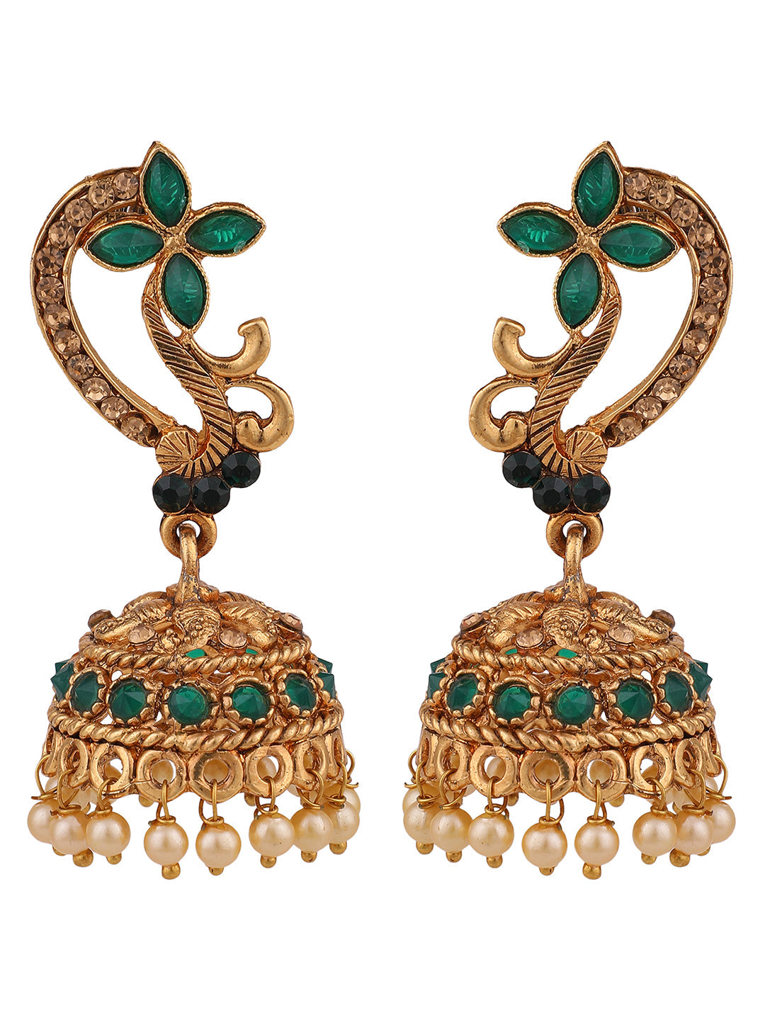 Women's Gold Tone Floral Shaped Stylish Green Stone Studded Jhumka Earring