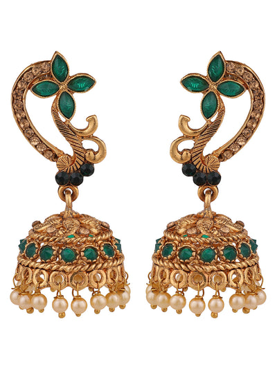 Women's Gold Tone Floral Shaped Stylish Green Stone Studded Jhumka Earring