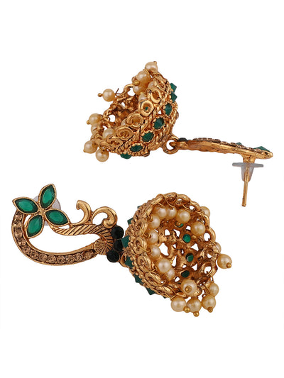Women's Gold Tone Floral Shaped Stylish Green Stone Studded Jhumka Earring