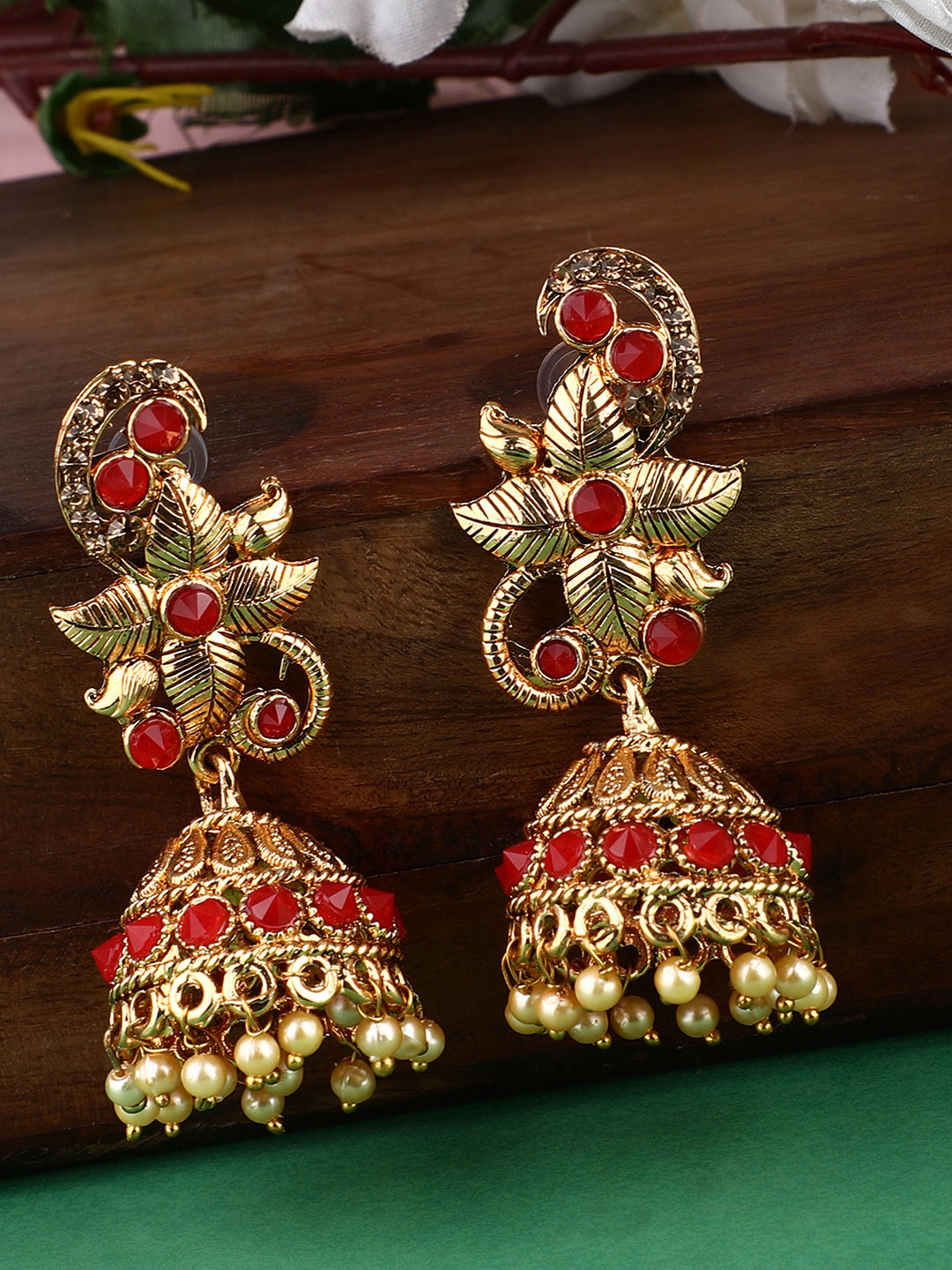 Women's Red Stone Studded Floral Shape Brass Gold Plated Jhumka Earring